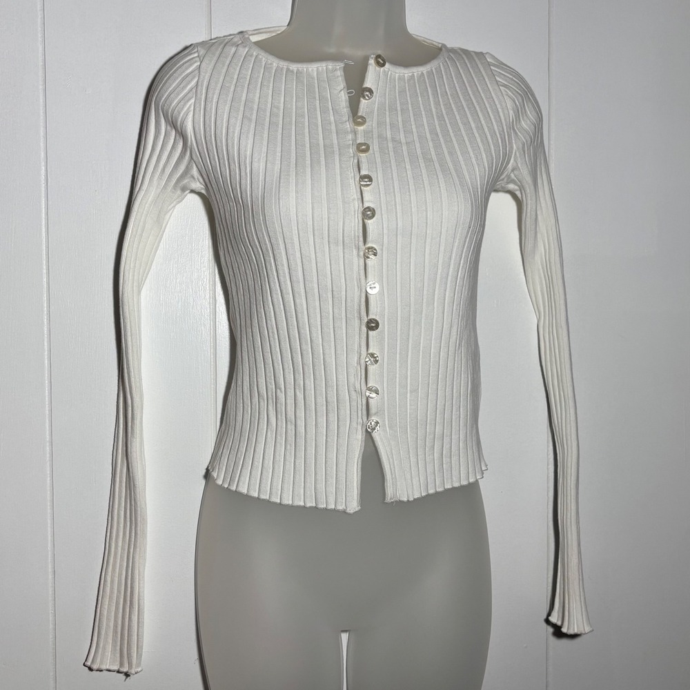Free People Tilly White Ribbed Knit Button Front Long Sleeve Top Cardigan XS